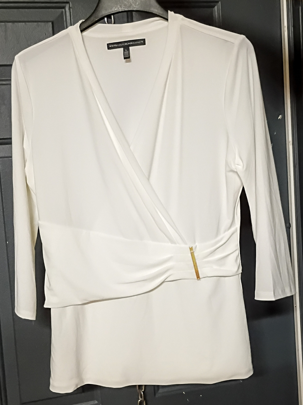 White House Black Market White Faux-Wrap Long Sleeve Top with Gold Accent